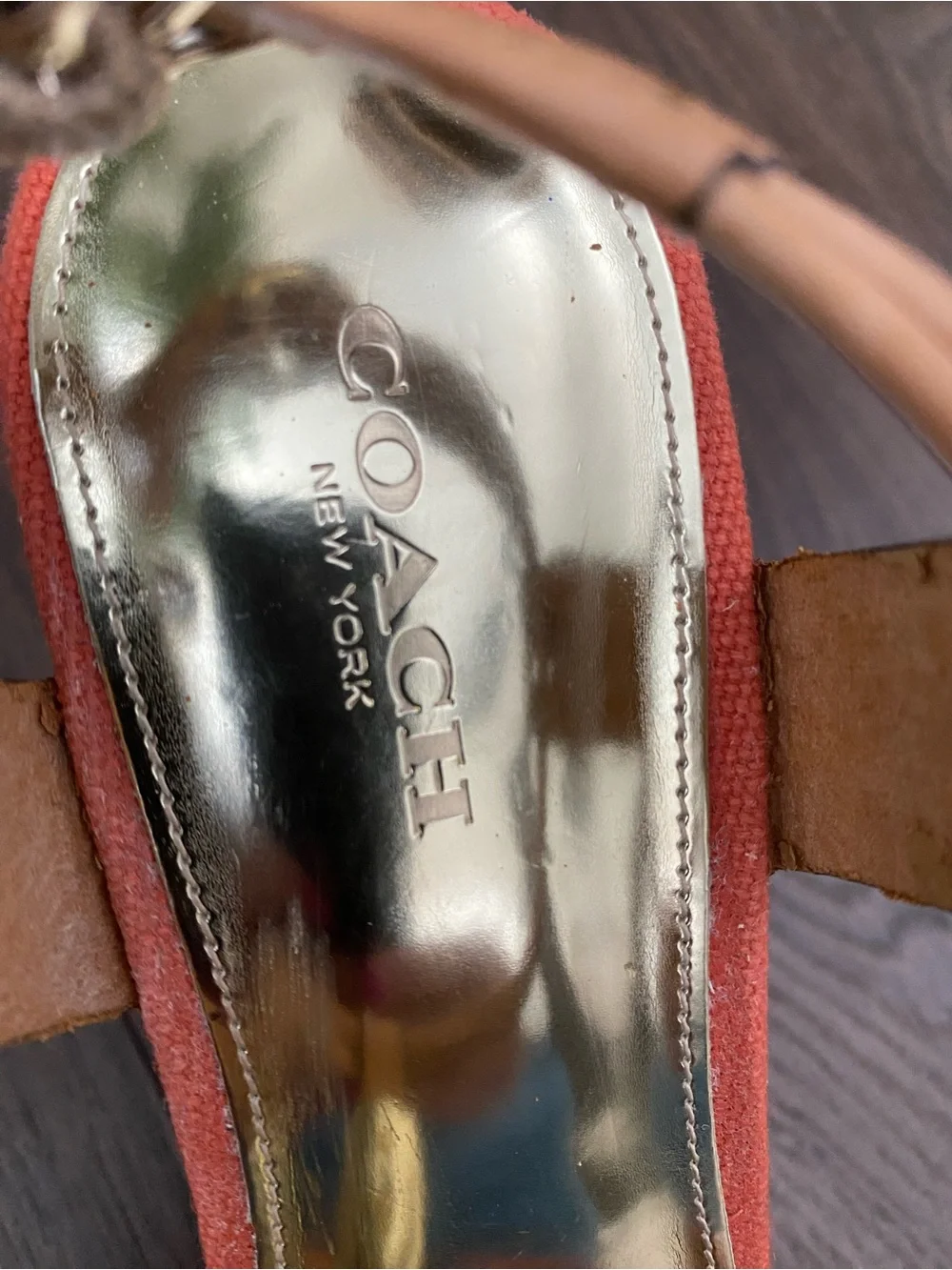 Coach Orange Canvas Cork Wedge Sandals with Tan Leather Straps